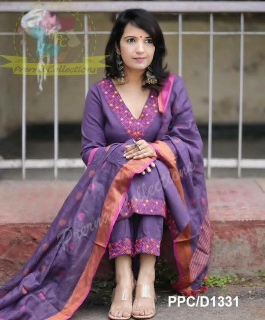 Timeless Cotton Suit with Intricate Yoke Embroidery and Full Linen Dupatta