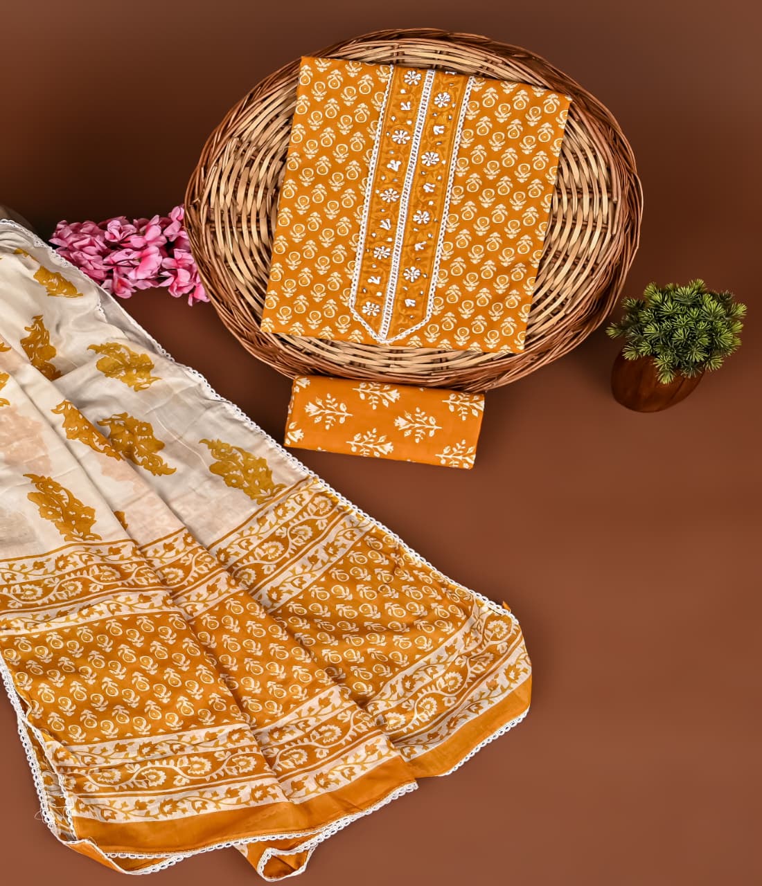 Cotton Suits with Gota Patti Work (Yellow Off-white)