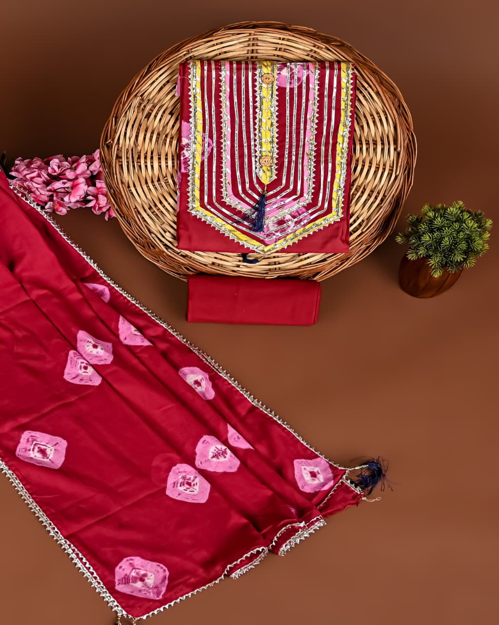 Cotton Suits with Gota Patti Work (Red-Pink)