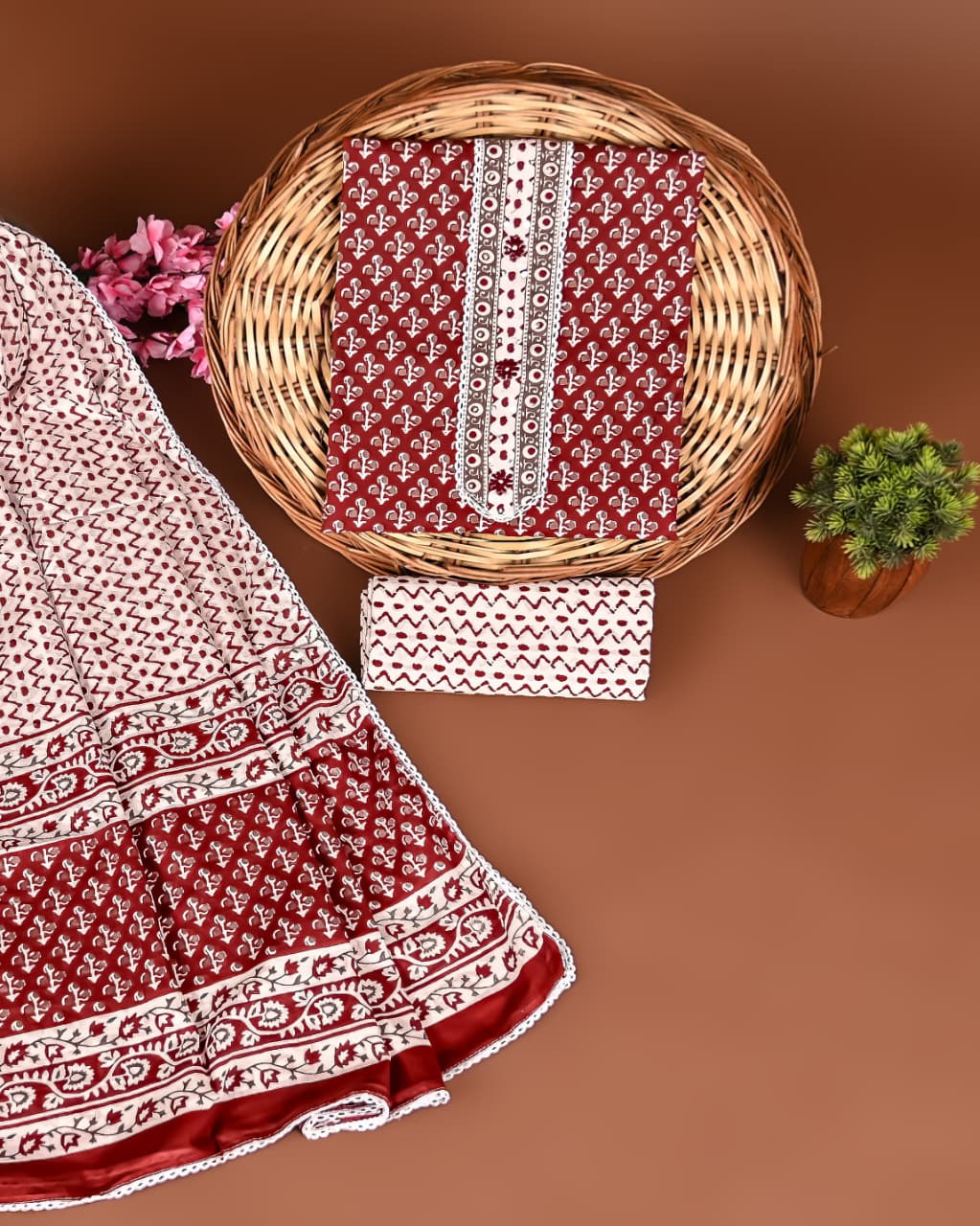 Cotton Suits with Gota Patti Work (Reddish Brown- White)