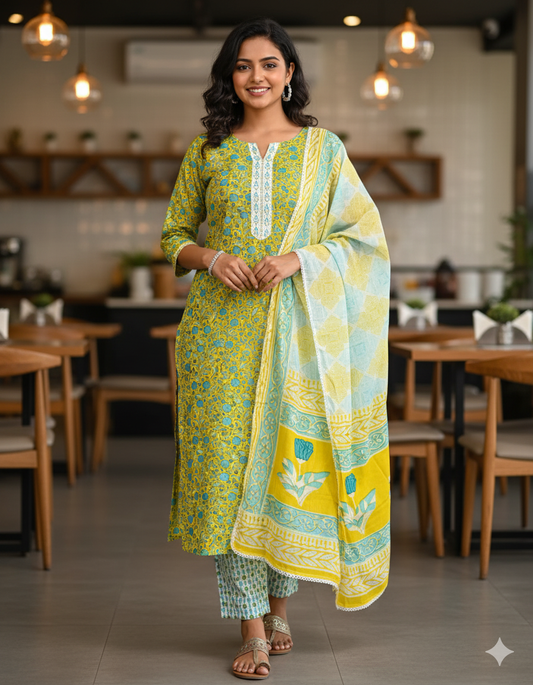 Cotton Suits with Gota Patti Work (Yellow-Peacock Blue)