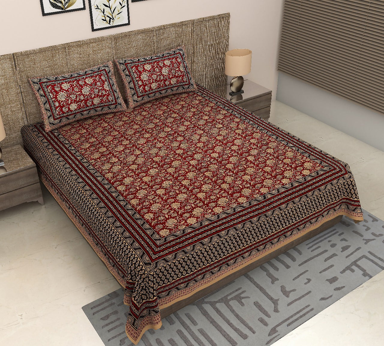 Royal Sanganer Bedsheet – Double Bed (Brown Black Musturd yellow flowers)