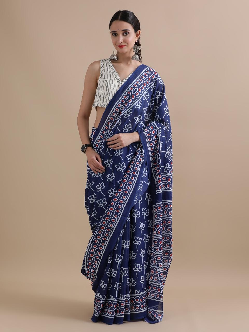 Pure Cotton Mul Mul Printed Sarees With Blouse (12)