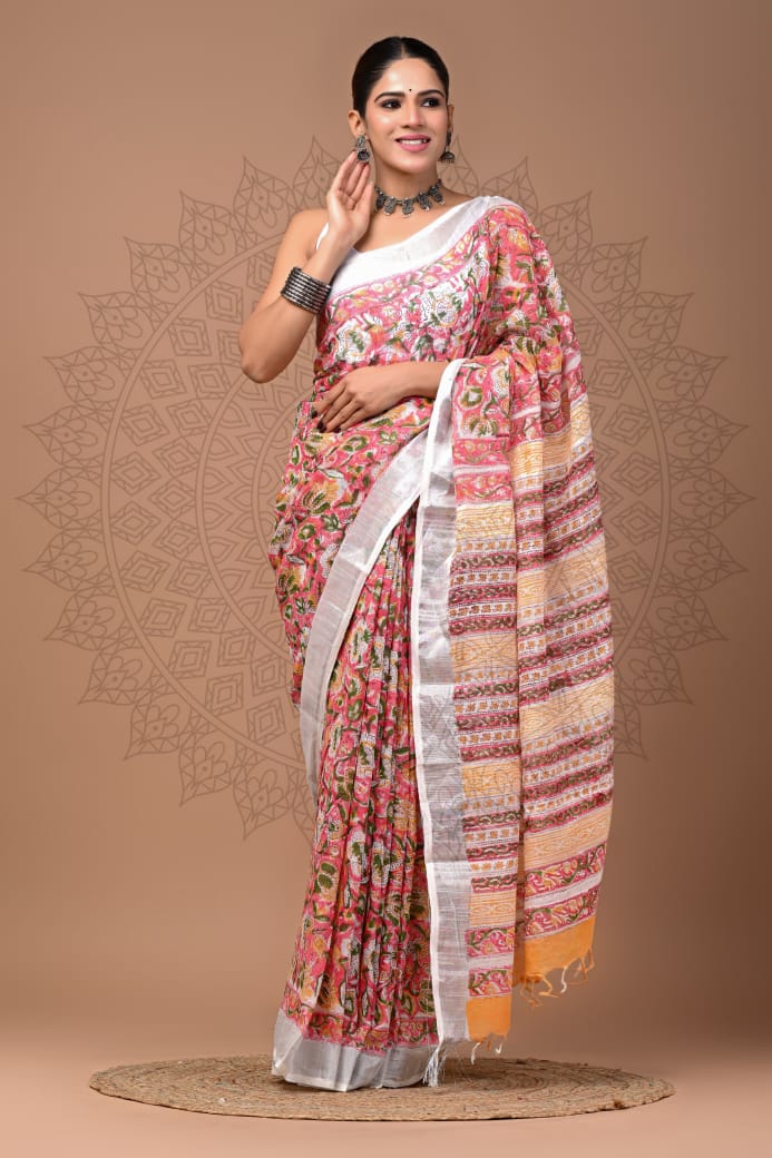 Pure Hand block printed cotton linen saree with blouse (64)