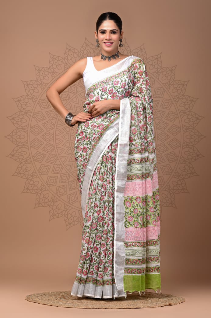 Pure Hand block printed cotton linen saree with blouse (67)
