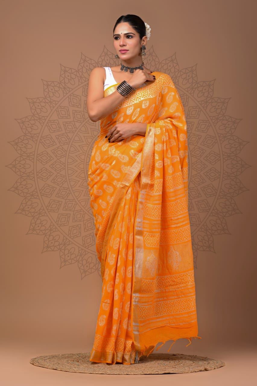 Pure Hand block printed cotton linen saree with blouse (68)
