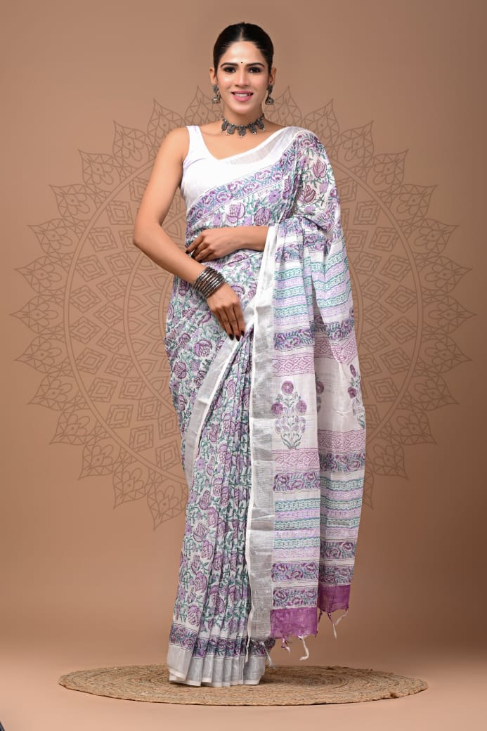 Pure Hand block printed cotton linen saree with blouse (70)