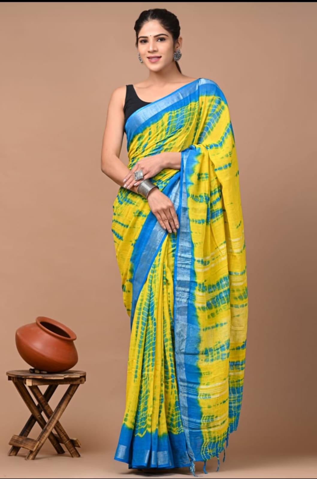 Pure Hand block printed cotton linen saree with blouse (71)