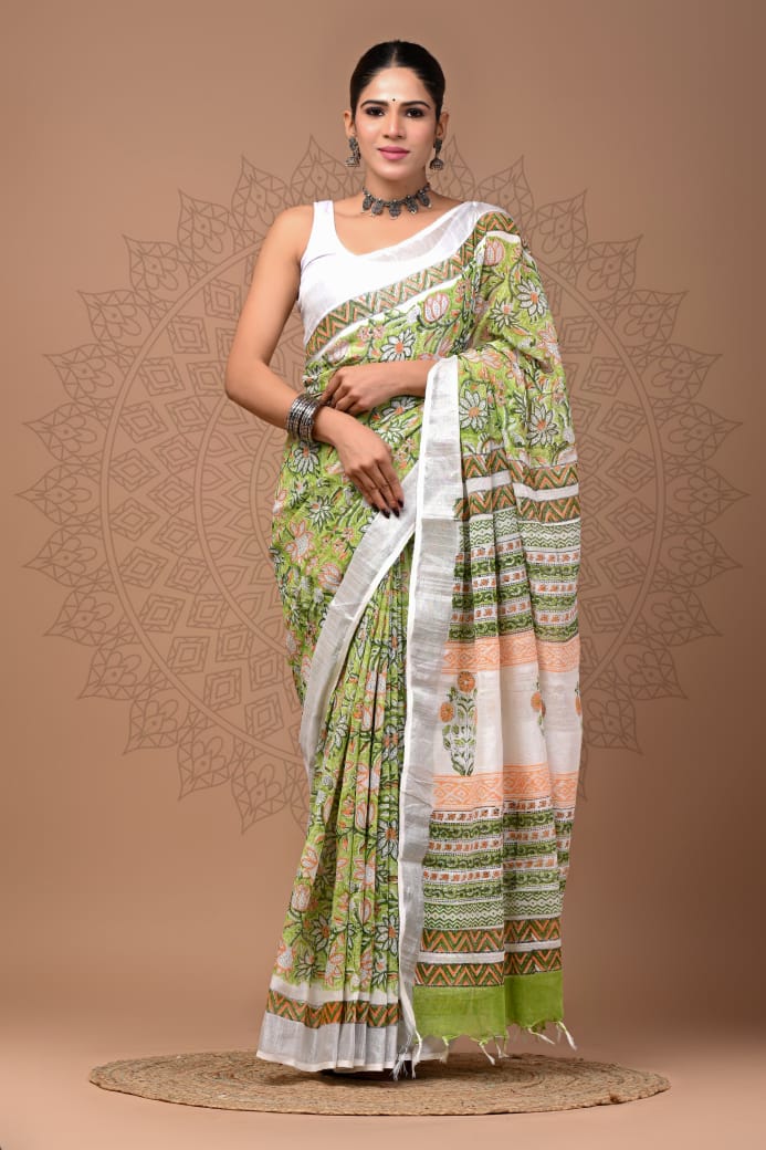 Pure Hand block printed cotton linen saree with blouse (72)