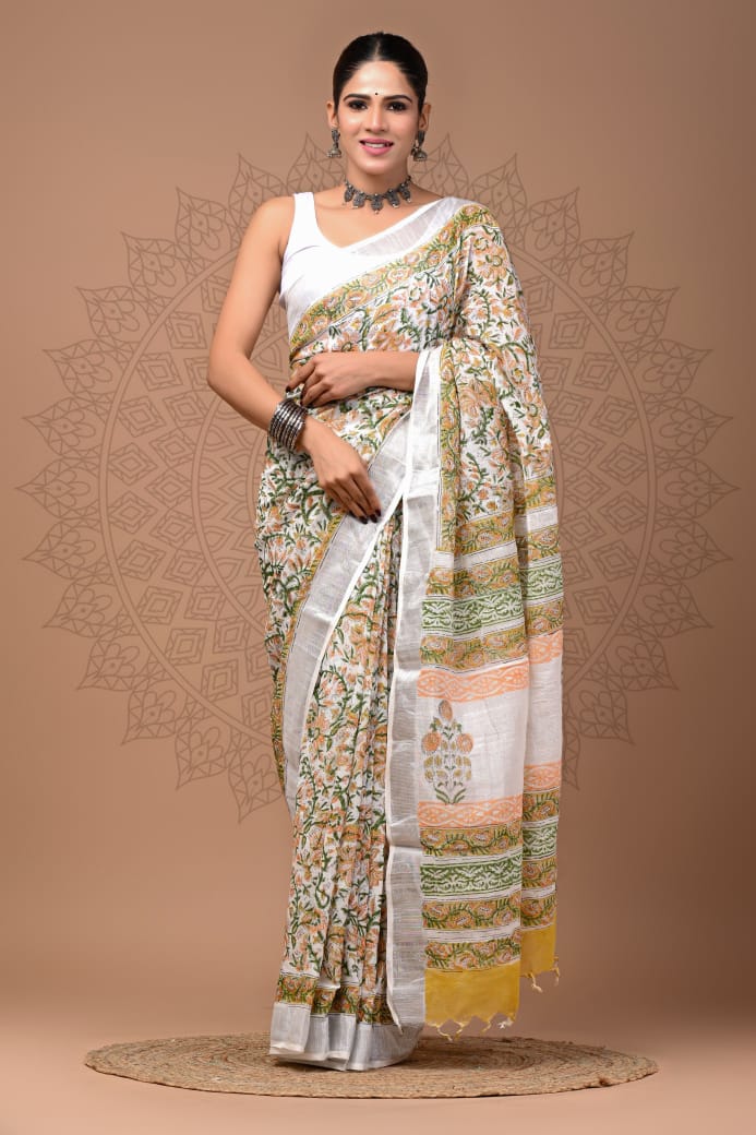 Pure Hand block printed cotton linen saree with blouse (73)