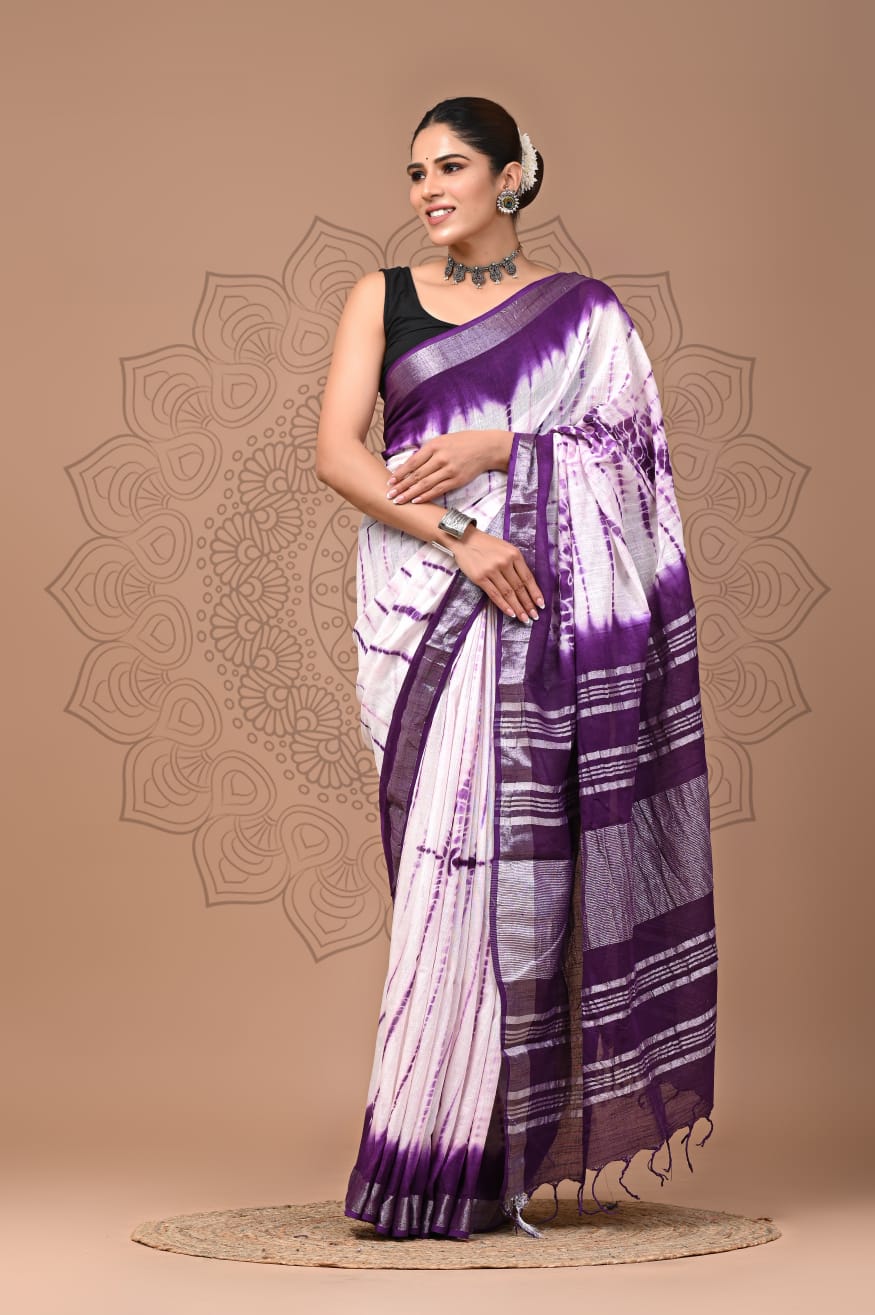 Pure Hand block printed cotton linen saree with blouse (76)