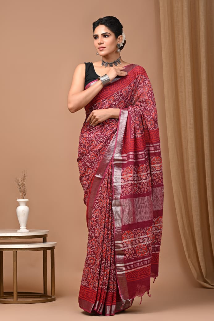 Pure Hand block printed cotton linen saree with blouse (77)