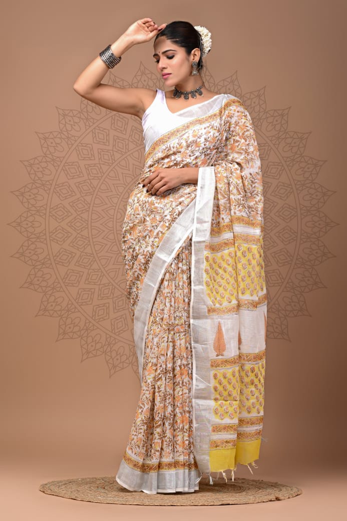 Pure Hand block printed cotton linen saree with blouse (78)
