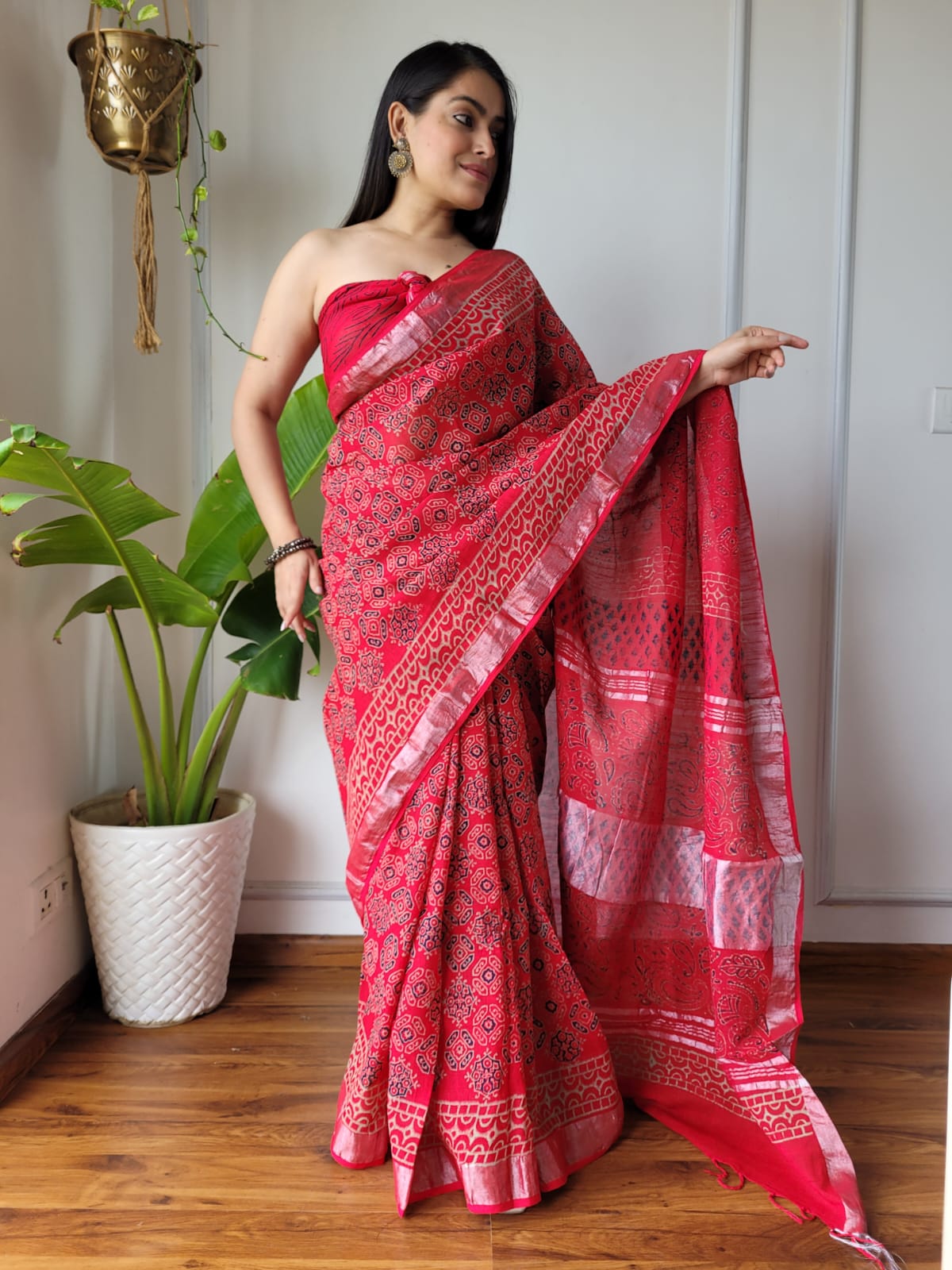 Pure Hand block printed cotton linen saree with blouse (79)