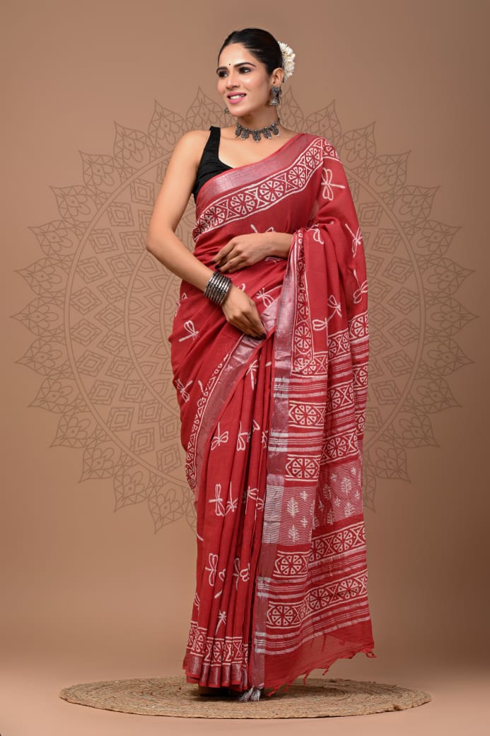 Pure Hand block printed cotton linen saree with blouse (80)