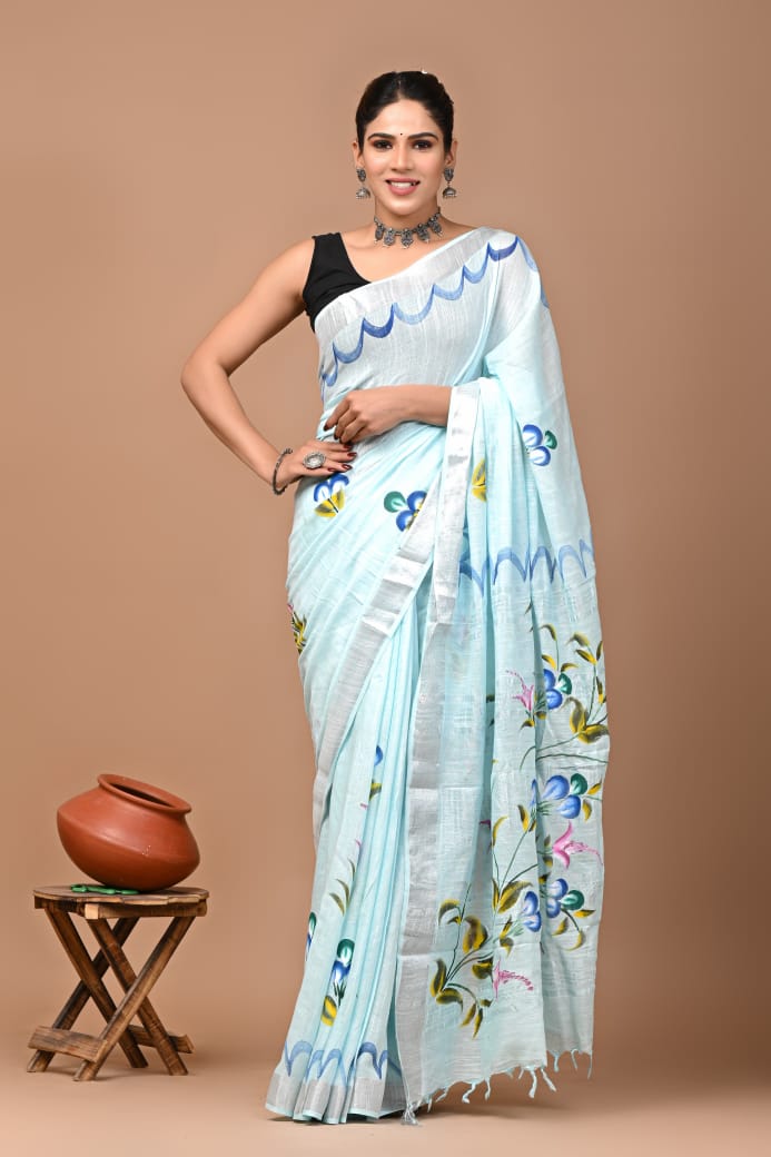 Pure Hand block printed cotton linen saree with blouse (82)