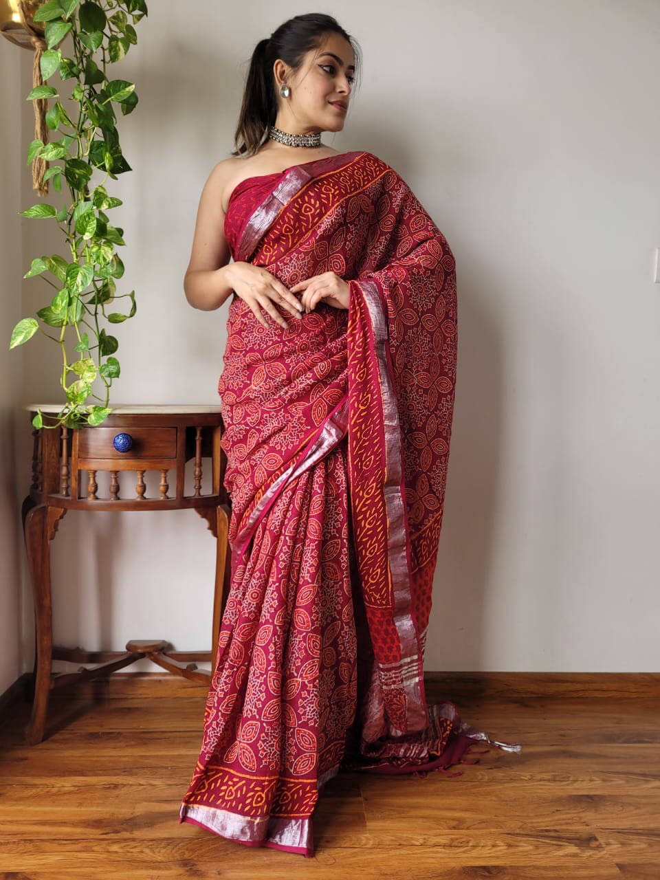 Pure Hand block printed cotton linen saree with blouse (83)