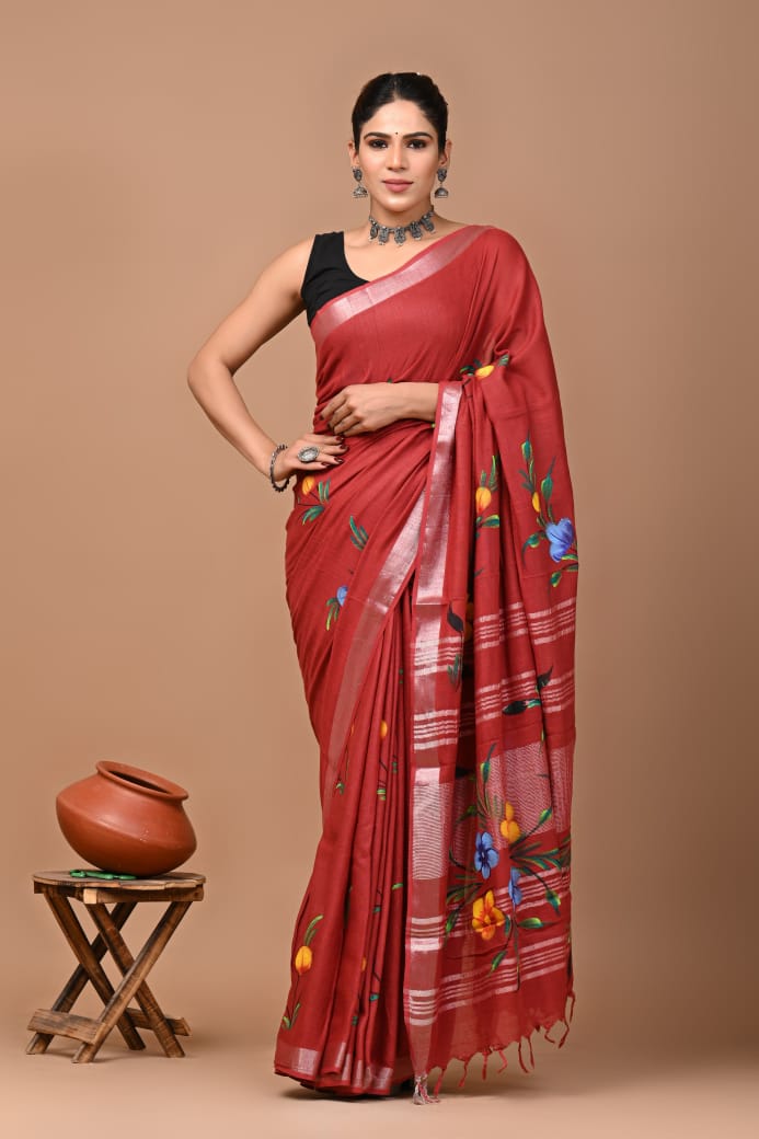 Pure Hand block printed cotton linen saree with blouse (84)