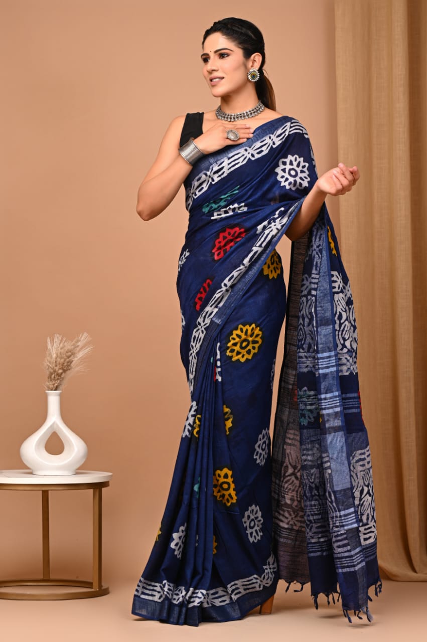 Pure Hand block printed cotton linen saree with blouse (87)
