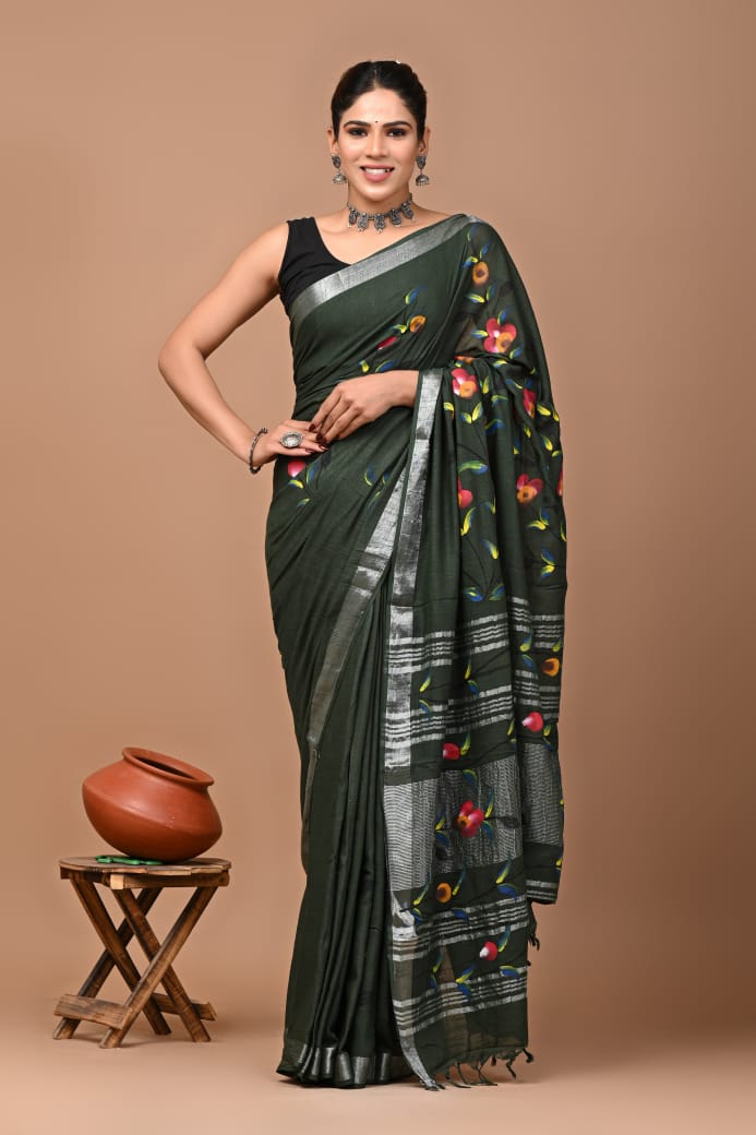 Pure Hand block printed cotton linen saree with blouse (89)
