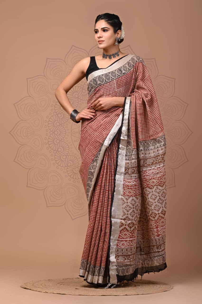 Pure Hand block printed cotton linen saree with blouse (93)