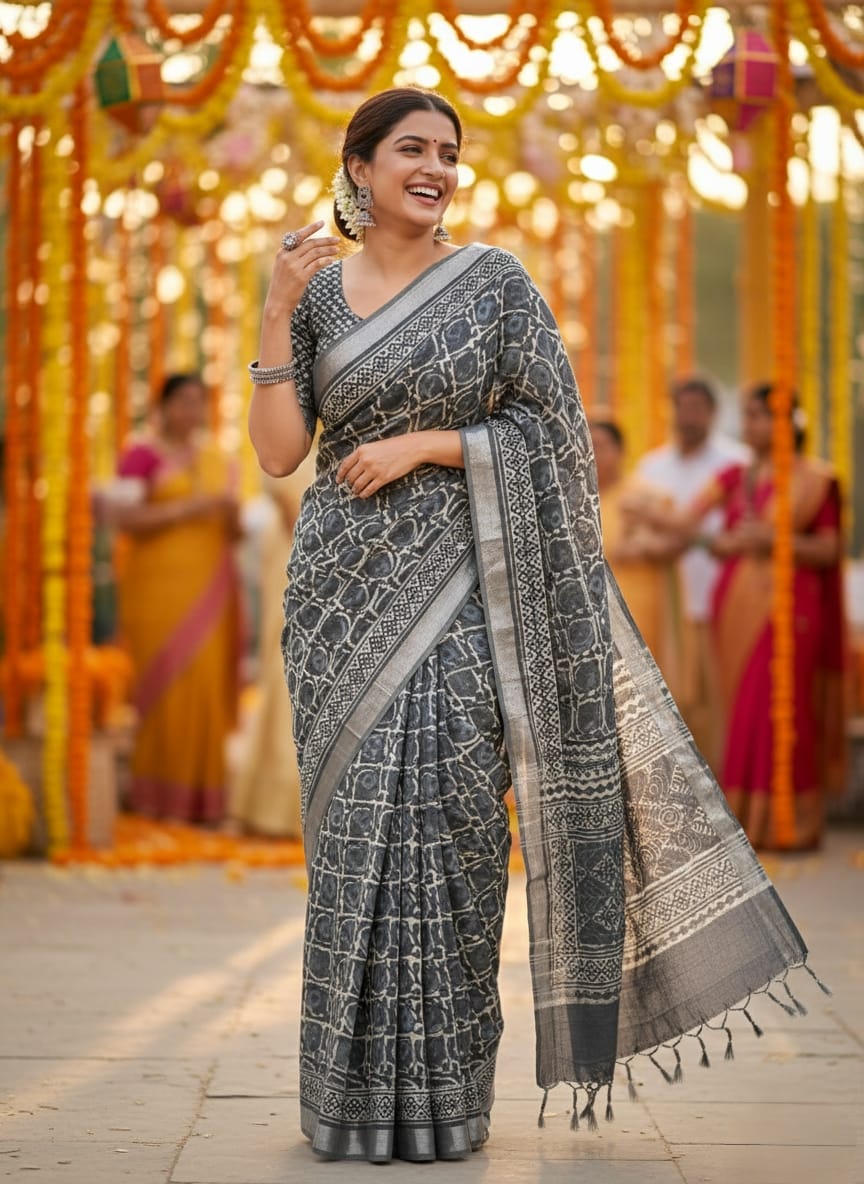 Pure Hand block printed cotton linen saree with blouse (95)