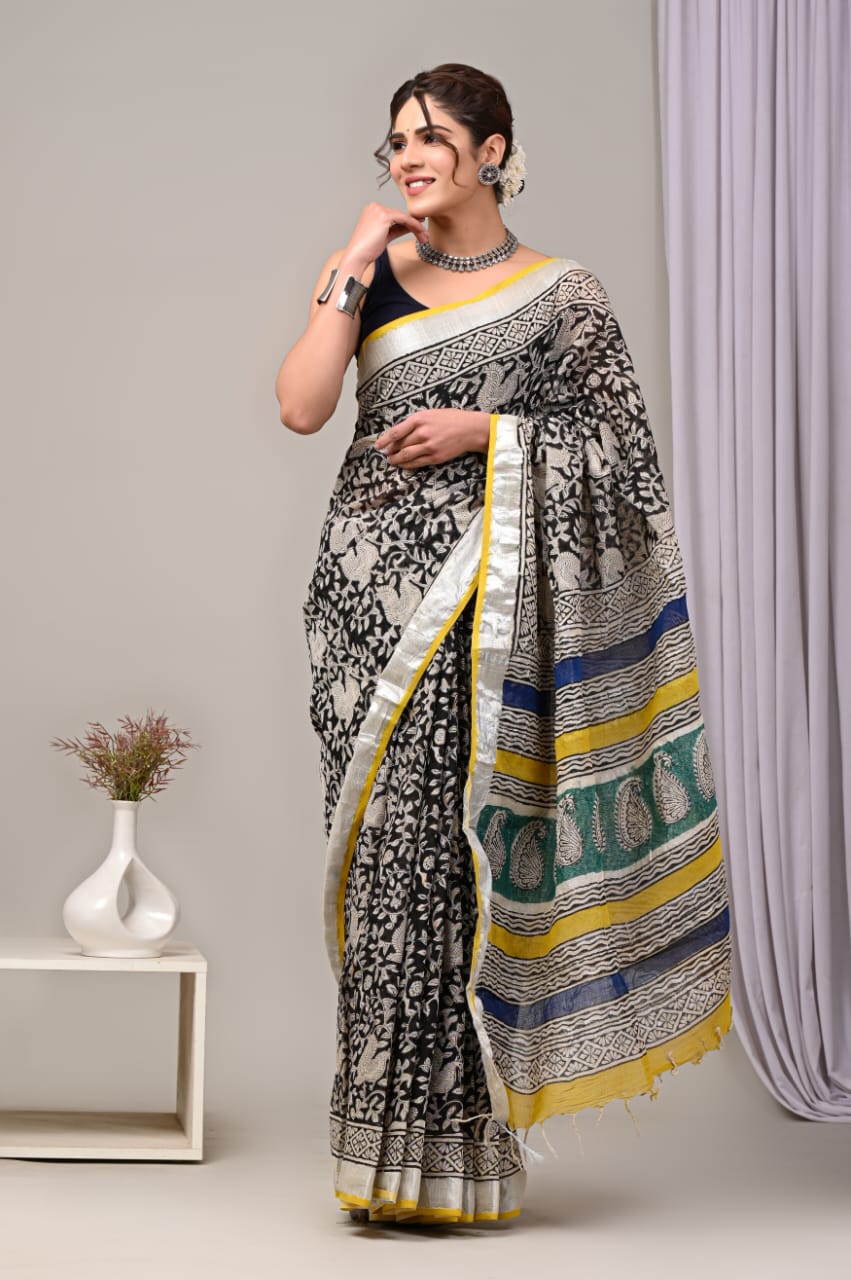 Pure Hand block printed cotton linen saree with blouse (99)