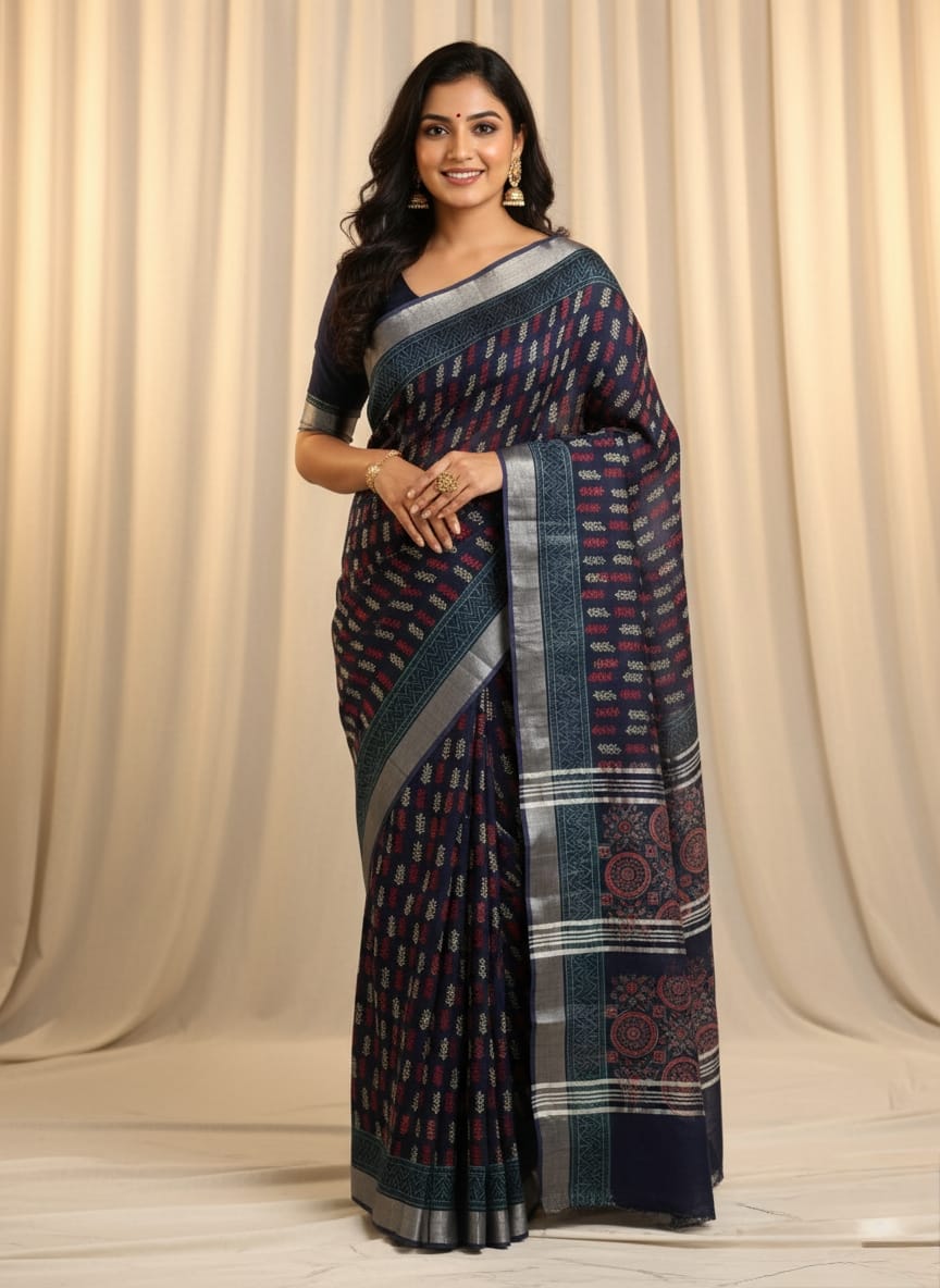 Pure Hand block printed cotton linen saree with blouse (102)