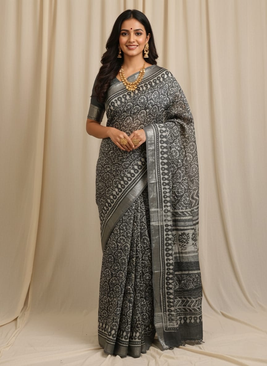 Pure Hand block printed cotton linen saree with blouse (104)