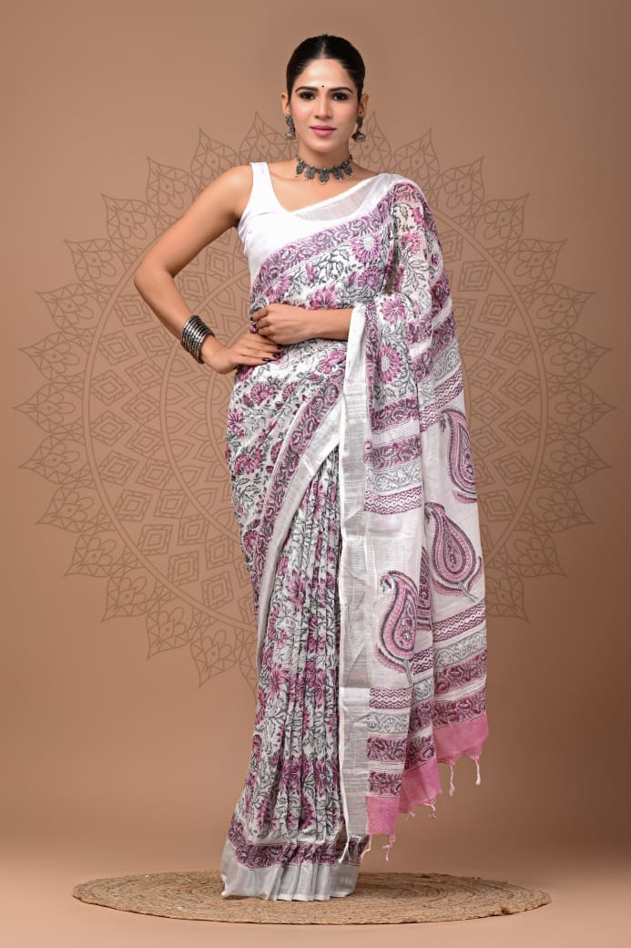 Pure Hand block printed cotton linen saree with blouse (107)