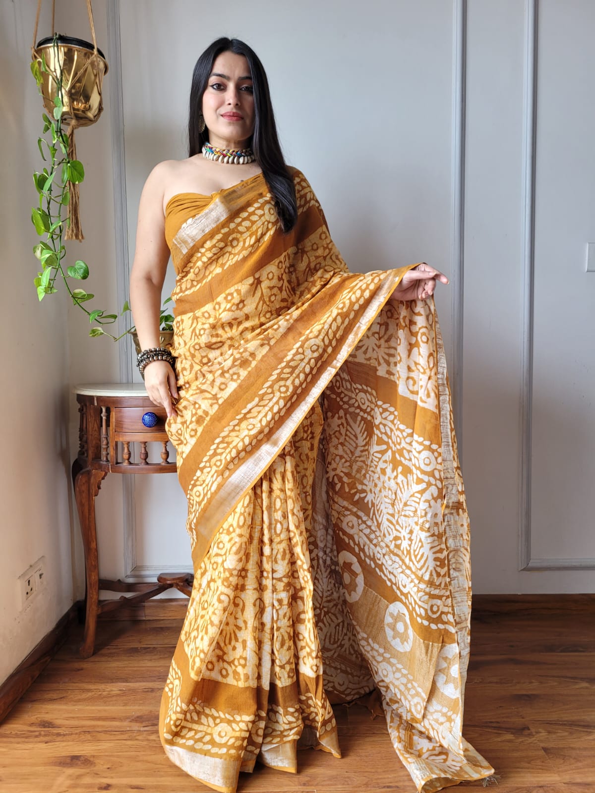 Pure Hand block printed cotton linen saree with blouse (109)