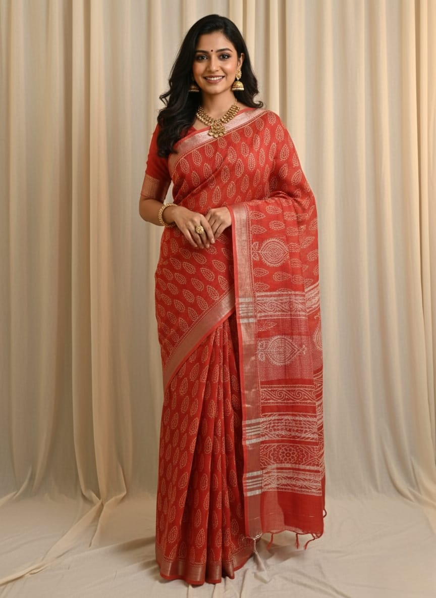 Pure Hand block printed cotton linen saree with blouse (117)