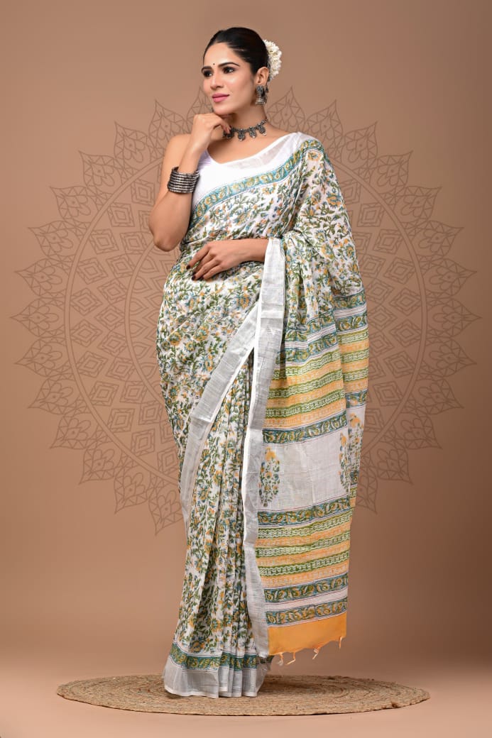 Pure Hand block printed cotton linen saree with blouse (119)
