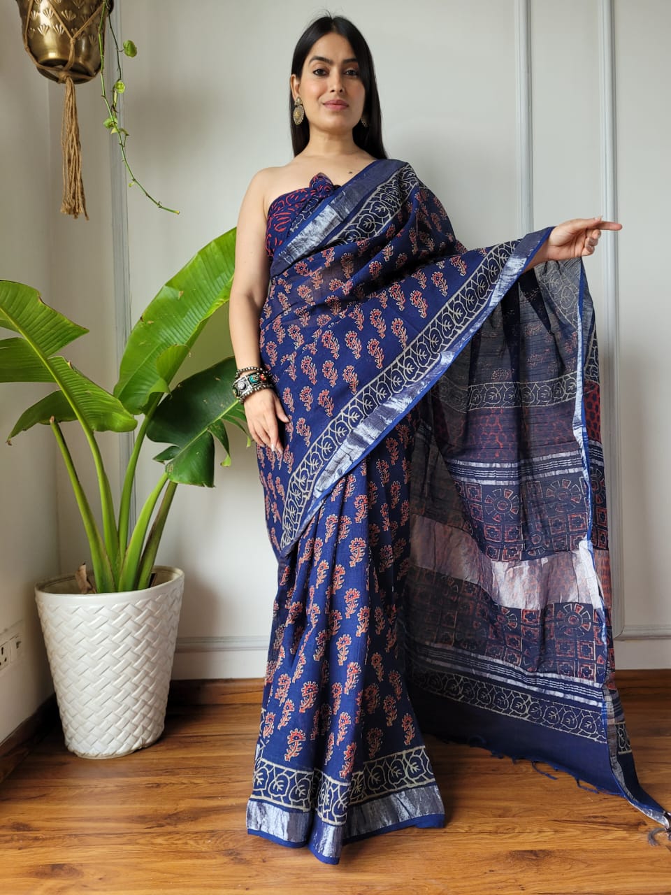 Pure Hand block printed cotton linen saree with blouse (120)