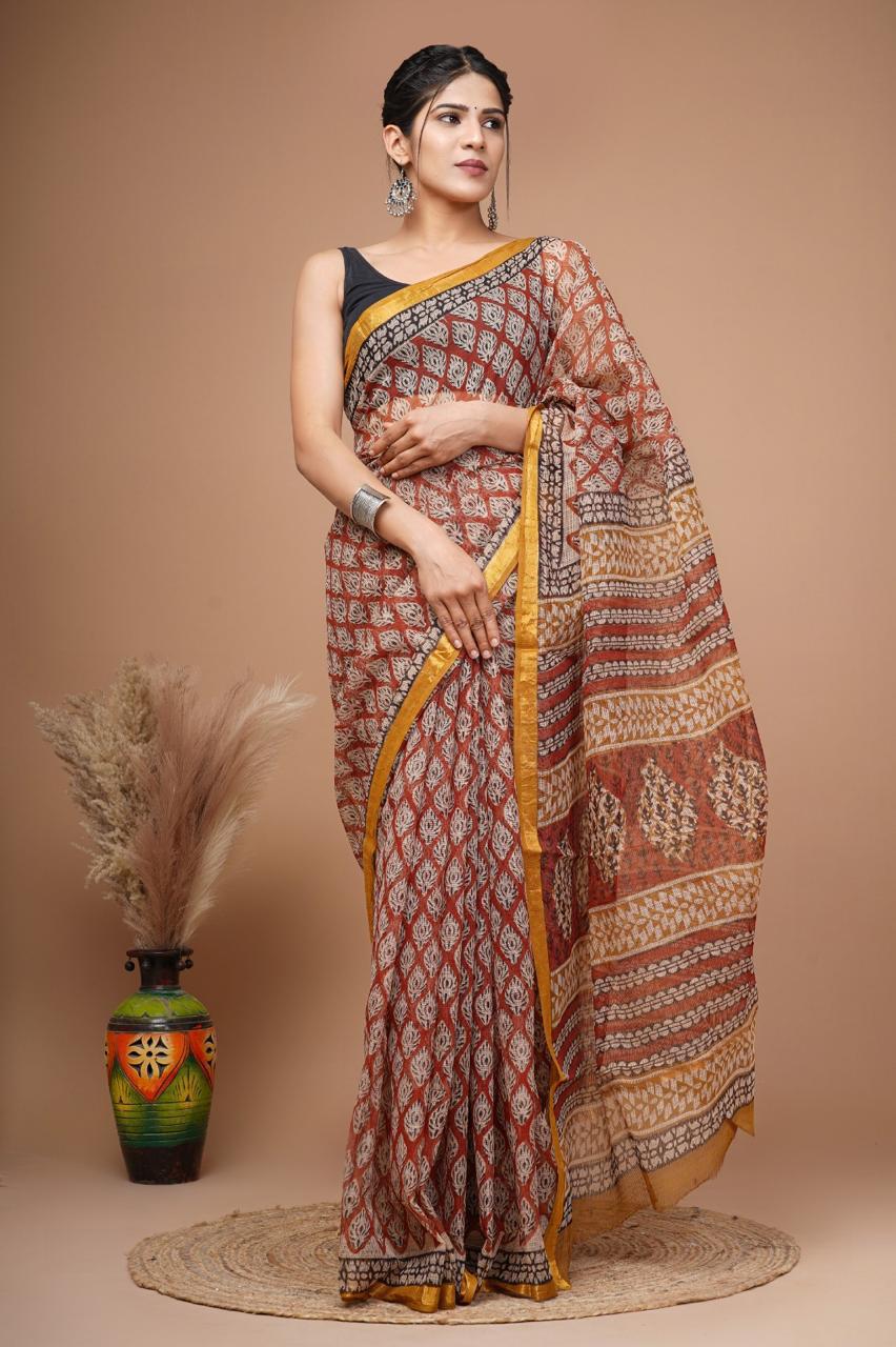 Pure Hand Block Printed Kota Doriya Sarees With Blouse (121)