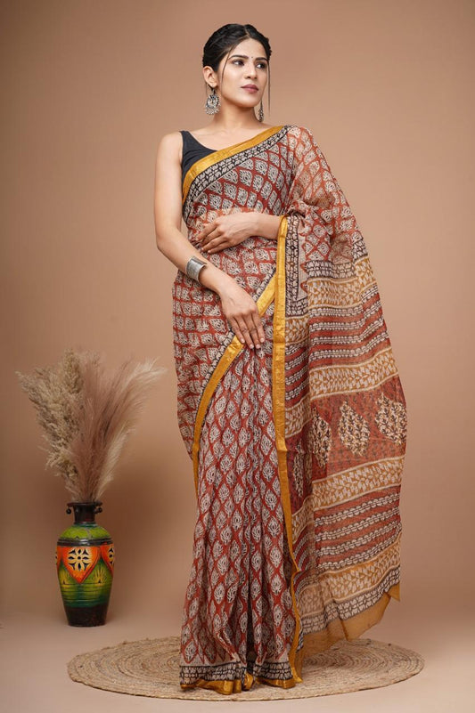 Pure Hand Block Printed Kota Doriya Sarees With Blouse (121)