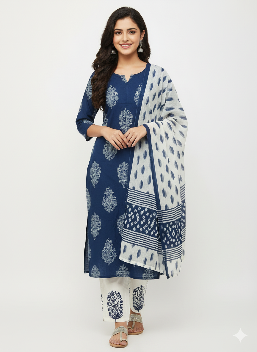 Floral Printed Pure Cotton Regular Kurta With Trousers & Dupatta (Navy Blue)