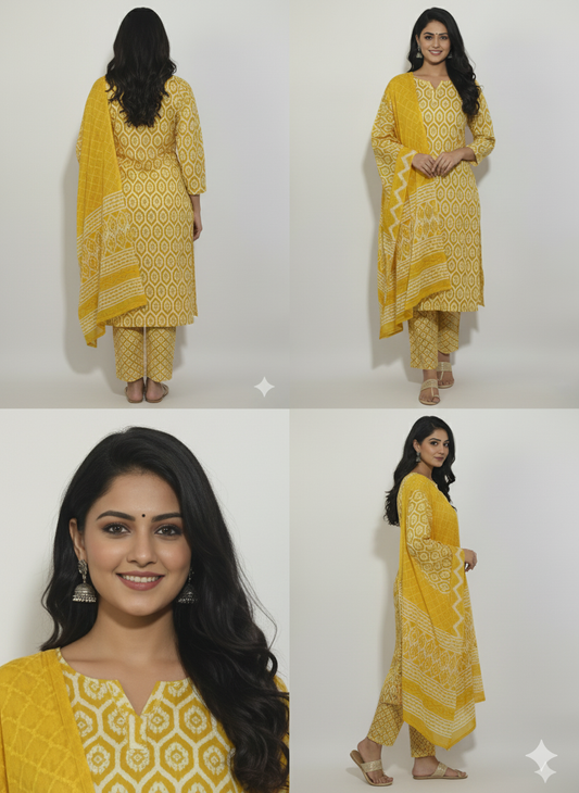 Pure Cotton Geometric Print Regular Kurta Pant with Dupatta (Yellow white)