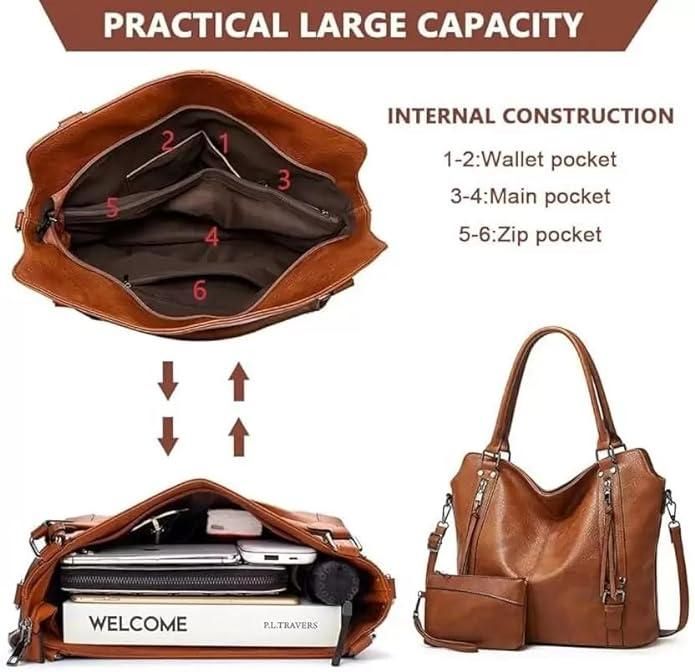 Tote Bags For Women PU Leather Hobo Bags for Women Purse Stylish 2 in 1 Handbags with Shoulder Strap Ladies Office Bag