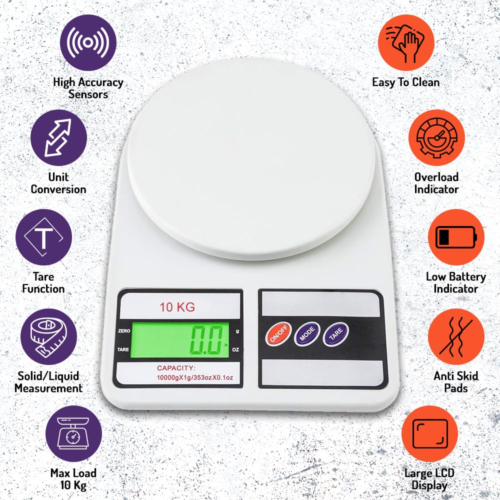 Atom 10Kg Kitchen Weight Machine 6 Months Warranty, Digital Scale with LCD Display, Scale for Home Baking, Cooking & Balance Diet. Weighing Machine with capacity 10Kg, SF400/A121,Color May Vary