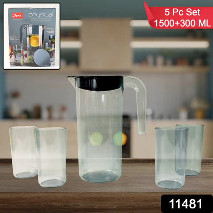 Apex Crystal Premium Jug With Lid  4 Pcs Glass (1500 Ml  300 Ml Approx  5 Pcs Set)
