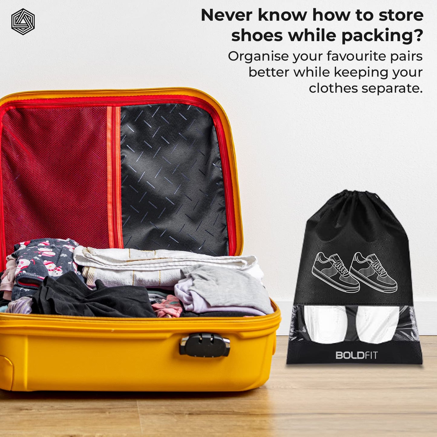 Boldfit Shoe Bag for Travel Bag for Man & Women Shoe Cover for Storage at Home Gym Reusable Travelling Accessories Organizer Pouch Travel Essentials Footwear Bags for Travelling Men -Pack of 6, Black