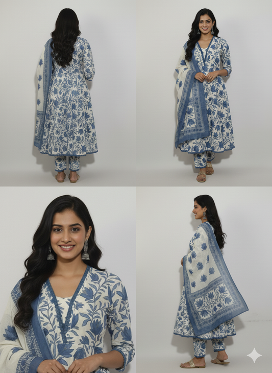 Floral Printed Pure Cotton Anarkali Kurta With Trousers & Dupatta (Blue-White)