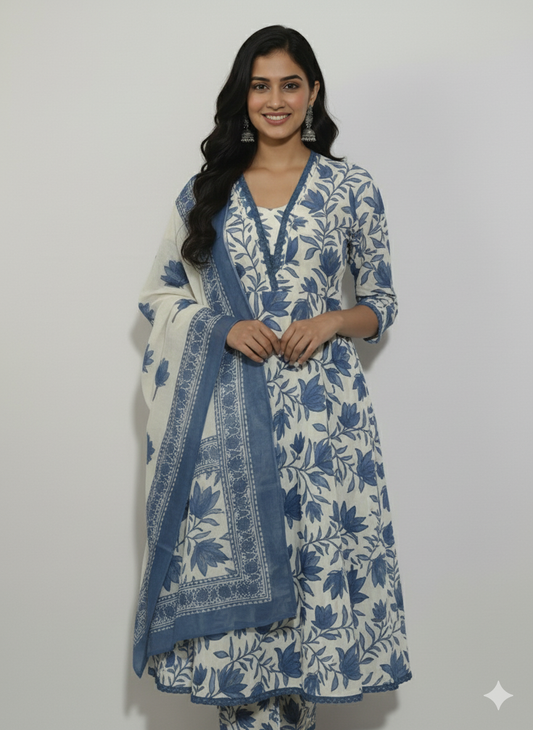 Floral Printed Pure Cotton Anarkali Kurta With Trousers & Dupatta (Blue-White)