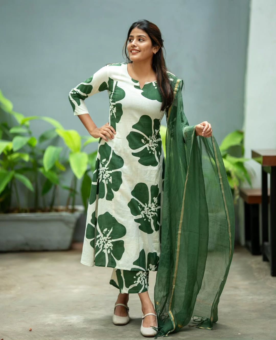Anarkali dress Print Kurti gown with pant with Beautiful Kotadoriya Dupatta
