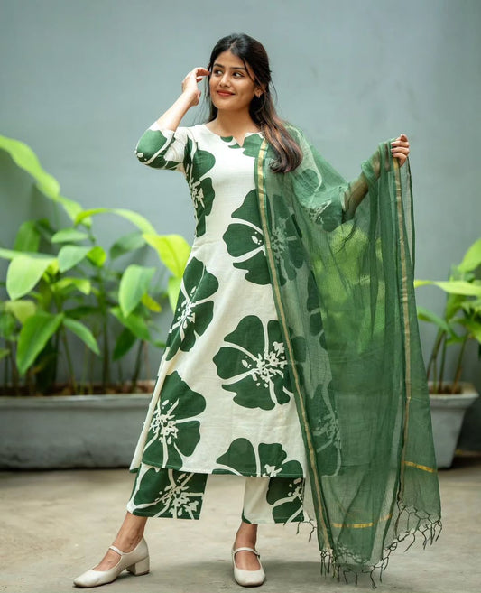 Anarkali dress Print Kurti gown with pant with Beautiful Kotadoriya Dupatta