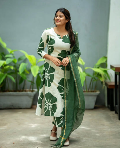 Anarkali dress Print Kurti gown with pant with Beautiful Kotadoriya Dupatta