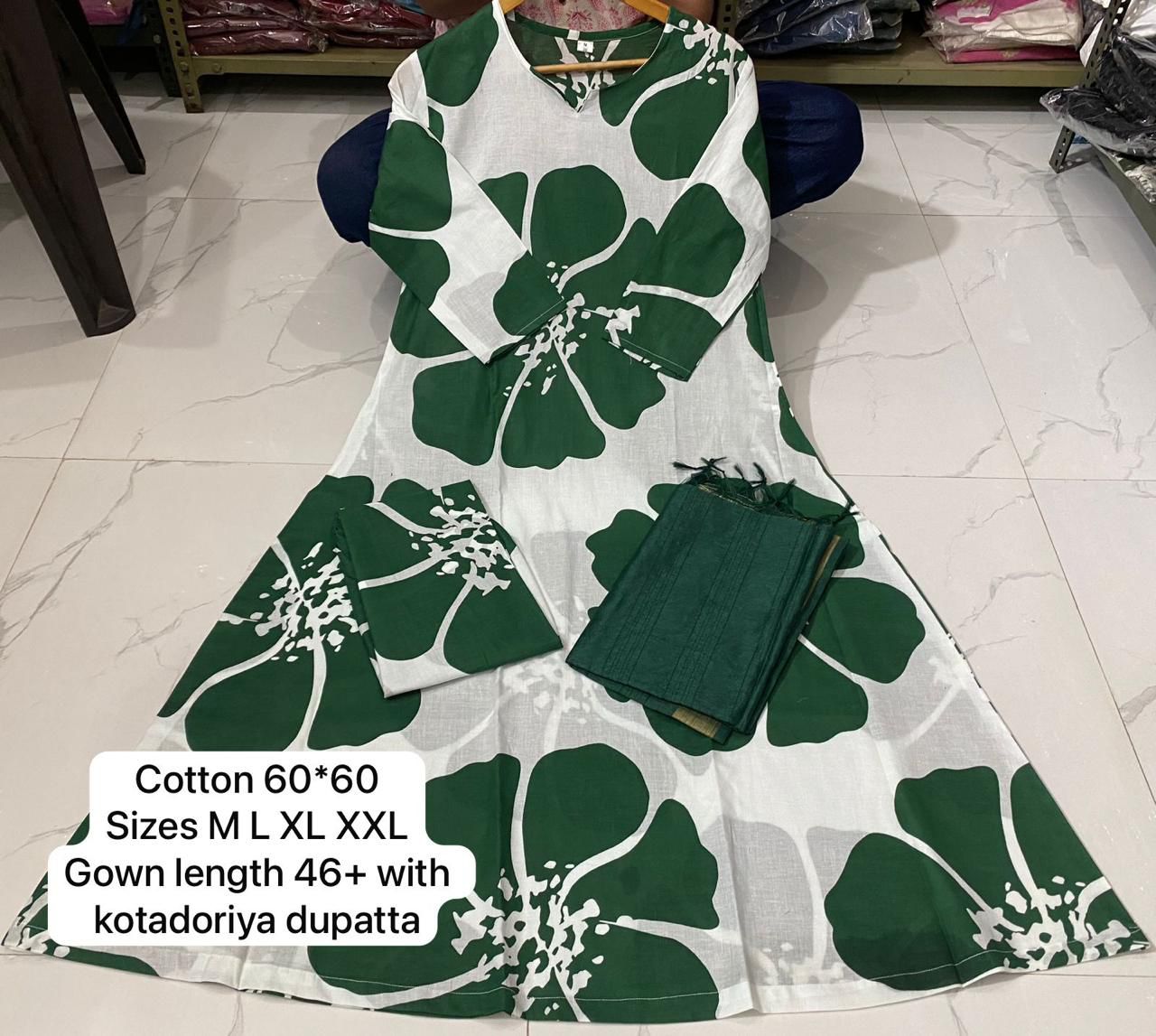 Anarkali dress Print Kurti gown with pant with Beautiful Kotadoriya Dupatta