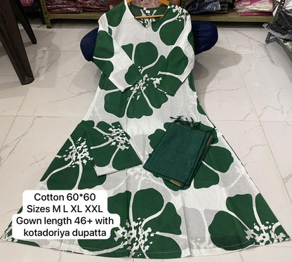 Anarkali dress Print Kurti gown with pant with Beautiful Kotadoriya Dupatta