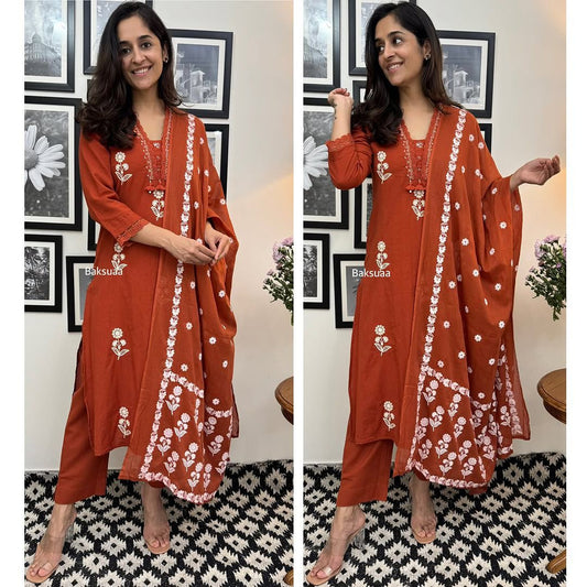 Embroidered kurta with pearl detailed neckline with pockets on sides with pants and printed malmal  dupatta